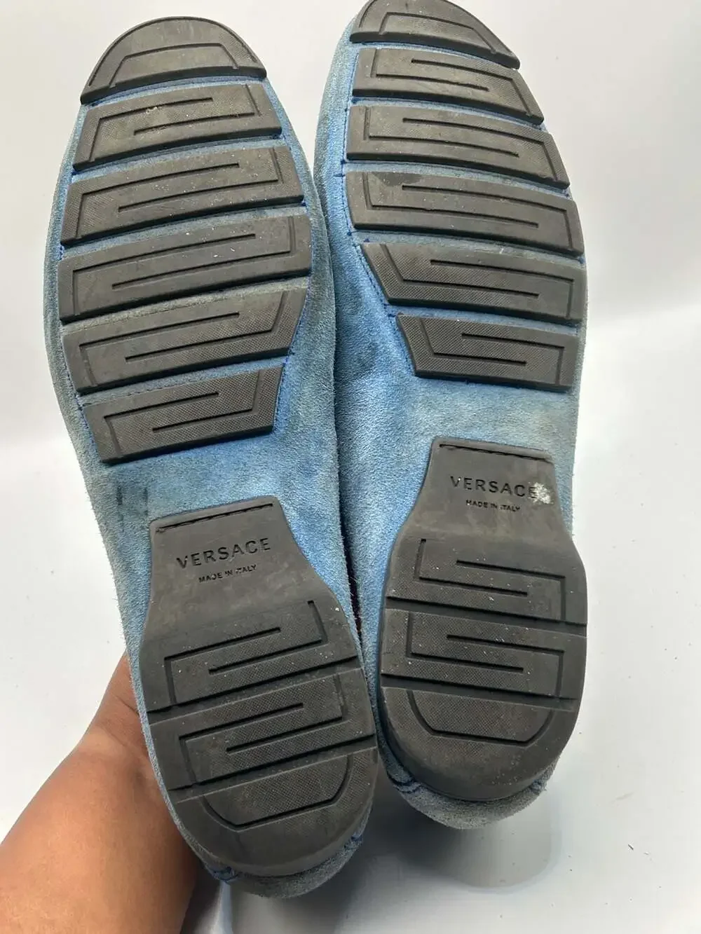 Versace Men's Blue Suede Medusa Plaque Driver Loafers